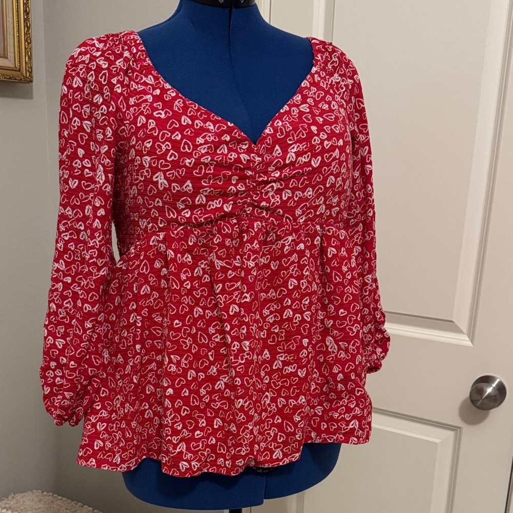 LOFT Red Heart-Print V-Neck Peplum Blouse